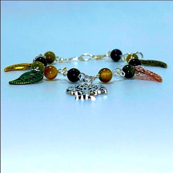 Handmade Tree & Leaf Charm Bracelet with Natural Tiger Eye Stones! - Picture 7 of 8